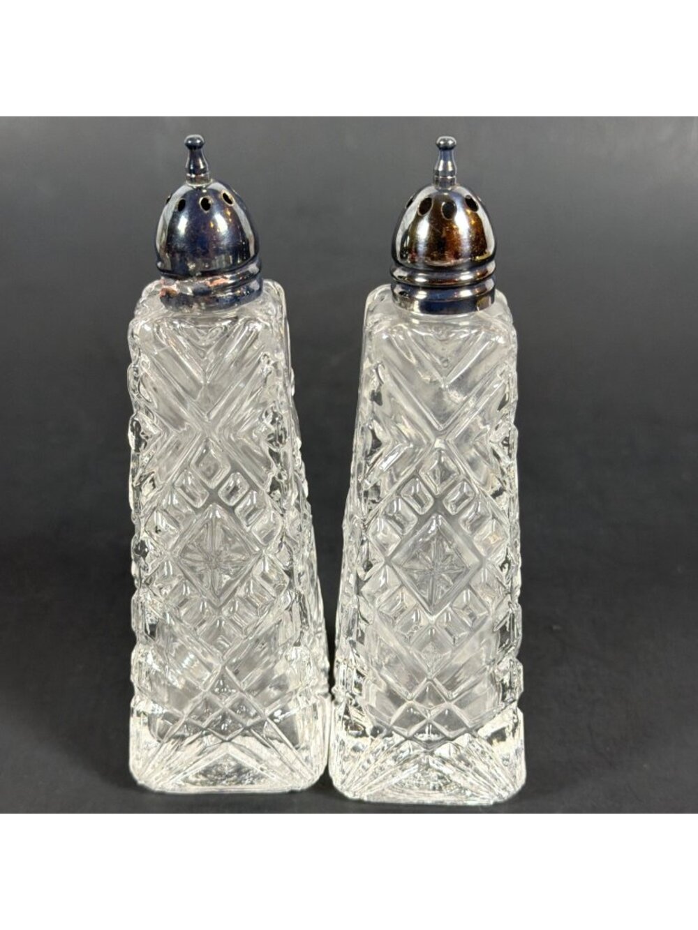 VTG 50s Crystal Salt Pepper Shakers Heavy Cut Glass Diamond Pattern AS IS Parts - Picture 12 of 14